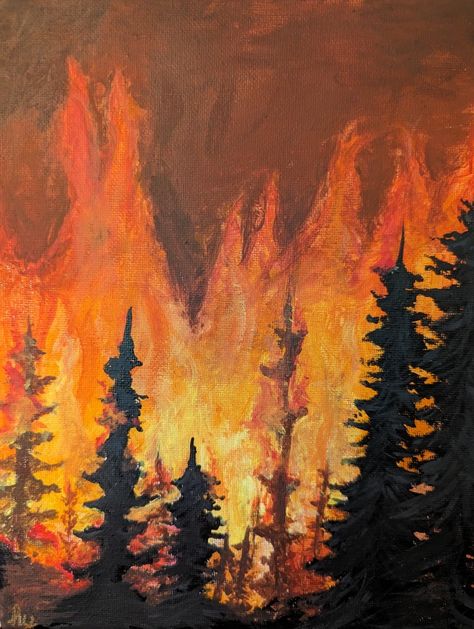 Fire Drawing Colored Pencil, Forest On Fire Painting, Wild Fire Drawing, Fire Tree Art, Trees On Fire Drawing, Forest On Fire Drawing, House On Fire Painting, Tree On Fire Drawing, Paintings Of Fire