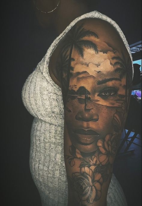 Arm Neck Tattoo, Arm Tattoos Drawing, Arm Tats, History Tattoos, Full Sleeve Tattoo Design, Family Tattoo, Cloud Tattoo, Black Girls With Tattoos, Tattoos For Black Skin