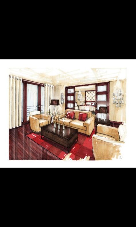 Sketching Landscape, Interior Sketching, Perspective Room, Marker Rendering, Interior Architecture Sketch, Interior Sketches, Furniture Graphic, Architecture Sketches, Interior Design Renderings