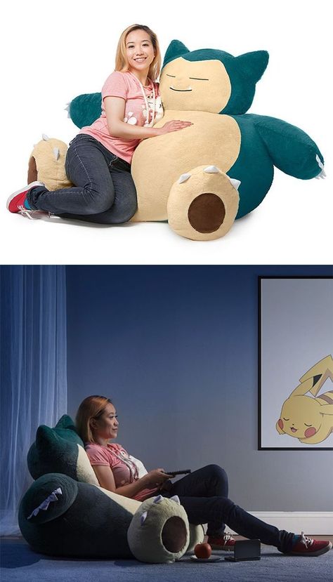 The monster shaped toy is 4 feet tall and 2 feet wide with its outer part made of 100% polyester. #chairdesign #pokemonchair #beanbagchair #chair Snorlax Bean Bag, Monster Shapes, Pokemon Snorlax, Unique Chairs, Inflatable Furniture, Unique Chair, Think Geek, Bag Chair, Aesthetic Bedroom