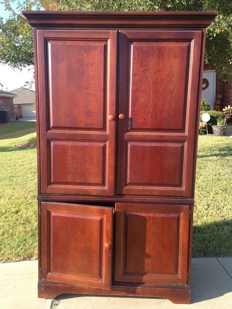 Getting Rid of the Old TV Cabinet Turn Tv Armoire Into Closet, Repurpose Tv Armoire Ideas, Upcycled Tv Cabinet Tv Armoire, Tall Tv Cabinet, Repurposed Tv Cabinet, Painted Tv Cabinet, Tv Cabinet Redo, Antique Wardrobe Media Center, Tv Cabinet Repurpose