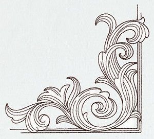 An acanthus leaf corner motif, lovely! * * * Miniature Menagerie Engraved Corner design (UT6540) from UrbanThreads.com Corner Designs Drawing, Fancy Corner Designs, Corner Scroll Design, Celtic Corner Design, Acanthus Leaf Drawing, Corner Filigree Design, Motif Arabesque, Ornamental Design, Embroidery Leaf