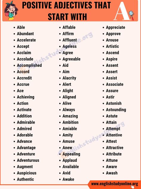 70+ Positive Adjectives That Start with A | Useful List of Common Adjectives - English Study Online Words That Start With A, Adjectives With A, Yearbook Classroom, Adjective Vocabulary, Common Adjectives, Positive Adjectives, Adjective Words, Scrabble Words, English Adjectives