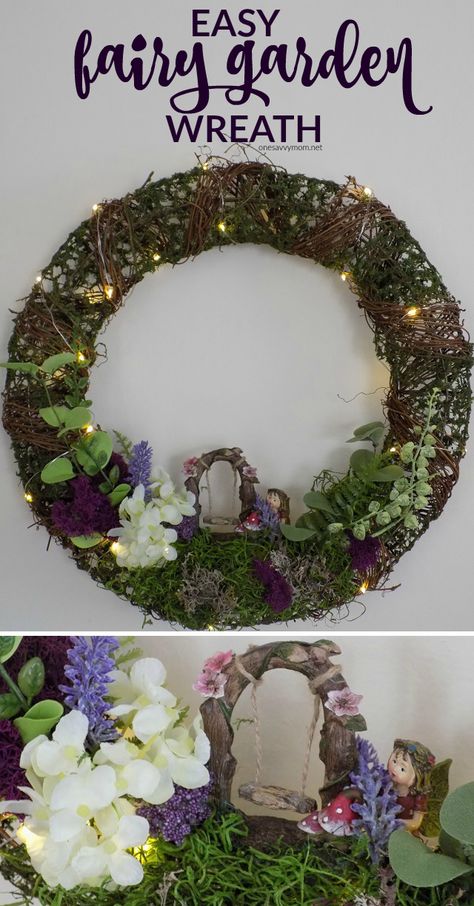 Easy Fairy Garden Wreath - This is an easy fairy gardening idea to bring a little bit of magic to your home Fairy Wreaths Diy, Fairy Wreath Diy, Fairy Garden Wreath Ideas, Fairy Wreath Ideas, Mystical Crafts, Fairy Garden Wreath, Easy Fairy Garden, Grave Arrangements, Fairy Mirror