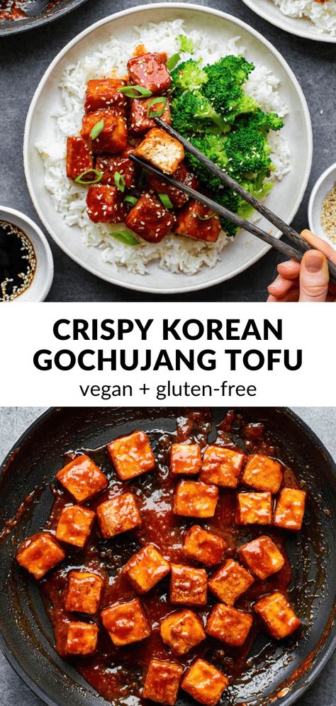 Korean Tofu Dish, Crispy Gochujang Tofu, Spicy Korean Tofu, Vegan Gojuchang, Vegetarian Recipes Spicy, Gochujang Tofu Bowl, Tofu Recipes Gochujang, Gochujang Recipe Dishes Vegetarian, Crispy Korean Tofu