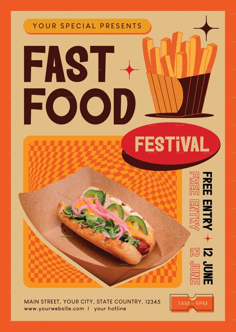 Fast Food Festival Flyer Food Giveaway Poster, Fast Food Poster Design Ideas, Odisha Food, Fast Food Poster, Food Festival Poster, Food Giveaways, Street Food Design, Lagom Design, Festival Food