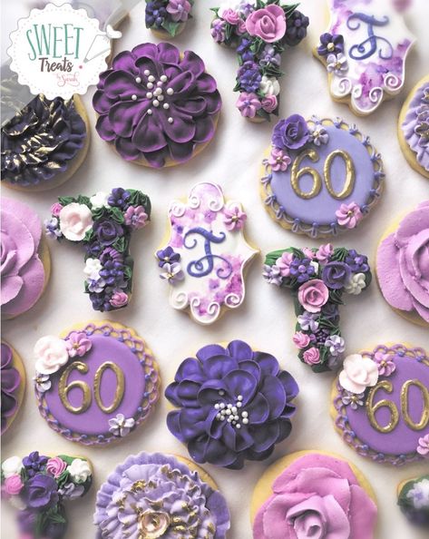 60th birthday cookies Purple Birthday Cookies #flowercookies #purple #lilac #lavender #birthday Gold and Purple Flower Cookies Purple Flower Cookies Decorated, Purple And Gold Cookies, 60th Birthday Ideas For Mom Purple, 60th Birthday Cookies Mom, Purple Cookies Decorated, Purple 60th Birthday Party Ideas, Purple Flower Cookies, Purple Birthday Cookies, 60th Birthday Sugar Cookies