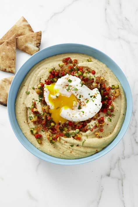 Mediterranean Hummus Egg Smash Hummus Breakfast, Creative Egg Recipes, Mediterranean Hummus, Chickpea Recipes Easy, Hummus Recipe Homemade, Easy Egg Recipes, Homemade Hummus, Chickpea Recipes, Hummus Recipe