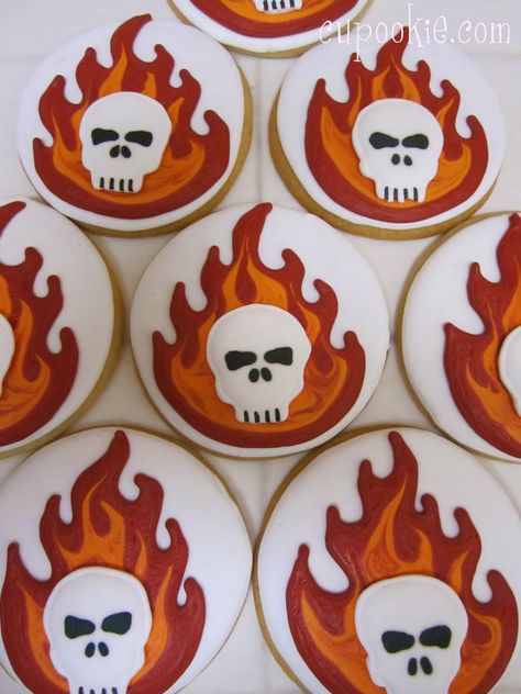 one thing i love is flames & skulls. now my house is not decorated in such but i do have a few things that have flames n skulls decorated on... Iced Cupcakes, White Cake, My House, Things That, Sugar Cookie, I Love, Cake, White