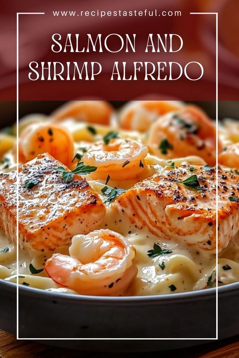 A creamy, rich pasta dish featuring tender fettuccine, flaky salmon, and succulent shrimp, all enveloped in a luscious Alfredo sauce. Perfect for a special dinner or a cozy family meal! Salmon And Shrimp Alfredo, Shrimp Fettucini, Salmon Fettuccine, Shrimp Sauce Recipes, Salmon Pasta Recipes, Seafood Bake, Shrimp Sauce, Salmon And Shrimp, Shrimp Alfredo