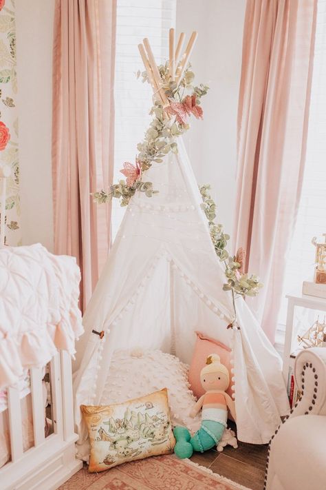 Everly's Nursery Reveal | Vandi Fair Peter Pan Nursery Girl, Nursery Teepee, Baby Teepee, Girls Teepee, Disney Inspired Nursery, Girls Room Colors, Peter Pan Nursery, Nursery Reveal