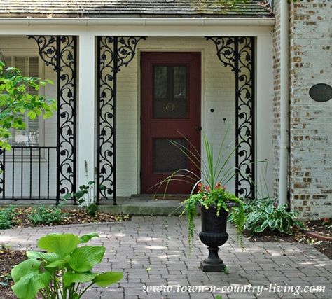 Easy Ways to Create Curb Appeal - Live Creatively Inspired Front Door Curb Appeal, Wrought Iron Porch Railings, Wrought Iron Front Door, Faux Iron, Iron Front Door, Vintage Porch, Wrought Iron Decor, Railings Outdoor, Porch Columns