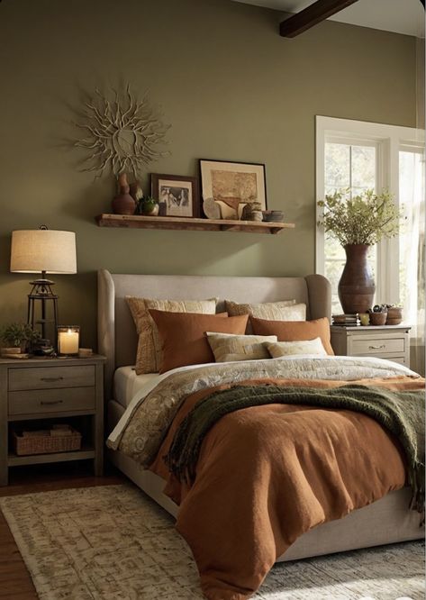 Sherwin Williams Earthy Charm, Cozy Room Paint Colors, Earthy Toned Bedroom, Room With Green Accent Wall, Earthy Tones Interior, Sherwin Williams Mega Greige, Greige Decor, Green Earthy Bedroom, Warm Bedroom Paint Colors