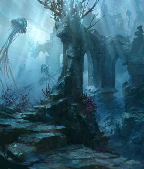 Sunken Ruins (Expeditions) - Battle for Zendikar MtG Art Sunken Ruins, Underwater Ruins, Ocean Trench, Fantasy Locations, Sunken City, Underwater City, Underwater Scene, Mtg Art, Ocean Aesthetic