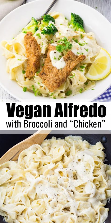 Vegan Chicken Alfredo, Alfredo With Broccoli, Vegan Chicken Recipes, Textured Vegetable Protein, Broccoli And Chicken, Vegan Alfredo, Vegan Chicken, Vegan Pasta Recipes, No Dairy