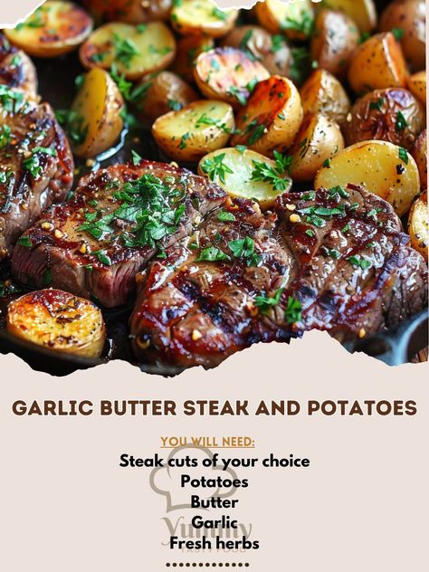 🥩🥔 Sizzle up your dinner with Garlic Butter Steak and Potatoes! #SteakNight Garlic Butter Steak and Potatoes Ingredients: Steak cuts of your choice Potatoes, cubed Butter Garlic, minced Fresh herbs (optional) Instructions: Pan-sear steak to desired doneness, set aside. In the same pan, cook potatoes in garlic butter until crispy. Serve steak with garlicky potatoes and a sprinkle of herbs. 🍴🌿 Elevate your meal with the rich flavors of garlic and butter. Ideal for impressing guests or treatin... Garlic Butter Steak And Potatoes, Butter Steak And Potatoes, Sear Steak, Make Garlic Butter, Cook Potatoes, Steak And Potatoes, Mummy Recipes, Pan Seared Steak, Cheesy Potato Casserole