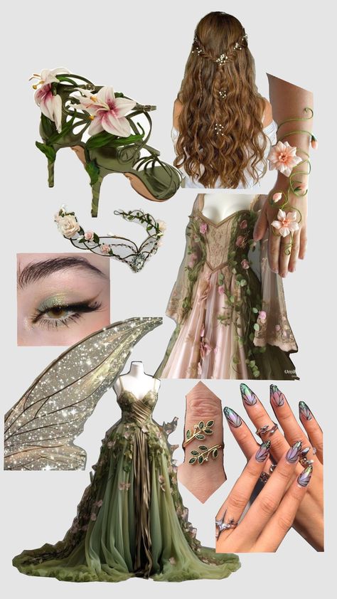 #outfit #fairycore #fairy #makeup #inspo #aesthetic #core #vibes #grunge #pretty #leaves Fairy Costume Inspo Aesthetic, Goblincore Prom Dress, Garden Fairy Core Outfits, Fairycore Bridesmaid Dresses, Fantasy Fairy Costume, Enchanted Forest Dress Ideas, Spring Fairy Aesthetic Outfit, Fair Core Outfits, Fairy Renfaire Outfit