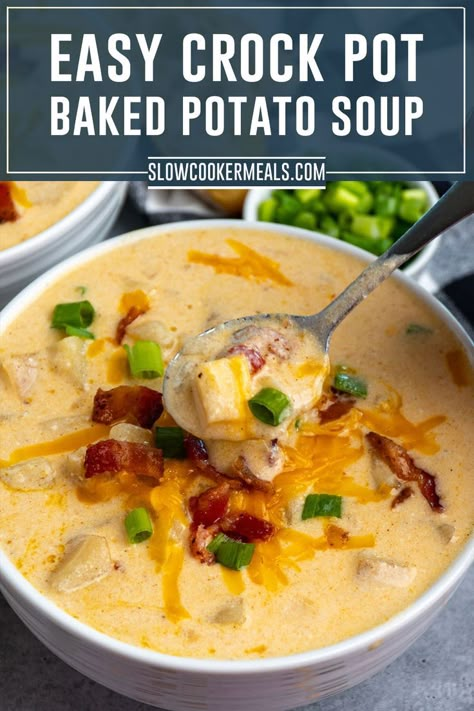 A spoon holding some baked potato soup. Crock Pot Baked Potato Soup, Baked Potato Soup Crock Pot, Crock Pot Potato Soup, Potato Soup Crockpot Recipes, Crock Pot Potato, Potato Soup Crock Pot Easy, Baked Potato Soup Easy, Baked Potato Soup Recipe, Best Potato Soup