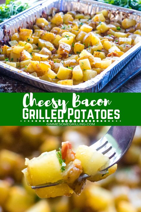 These Cheesy Potatoes on the Grill with Bacon are diced potatoes loaded with butter, onions, bacon and cheese grilled in a foil pan for quick and easy clean up! These grilled potatoes are the perfect side dish that everyone will love! #gimmesomegrilling #potatoes #bacon #onions #cheese #grilledpotatoes #grilling #grilled #recipe #grillingrecipe #sidedish #sidedishrecipe via @gimmesomegrilling Grilled Side Dishes, Salad Pasta, Grilled Potatoes, Cheesy Bacon, Summer Grilling Recipes, Potato Sides, Cheesy Potatoes, Delish Recipes, Easy Homemade Recipes