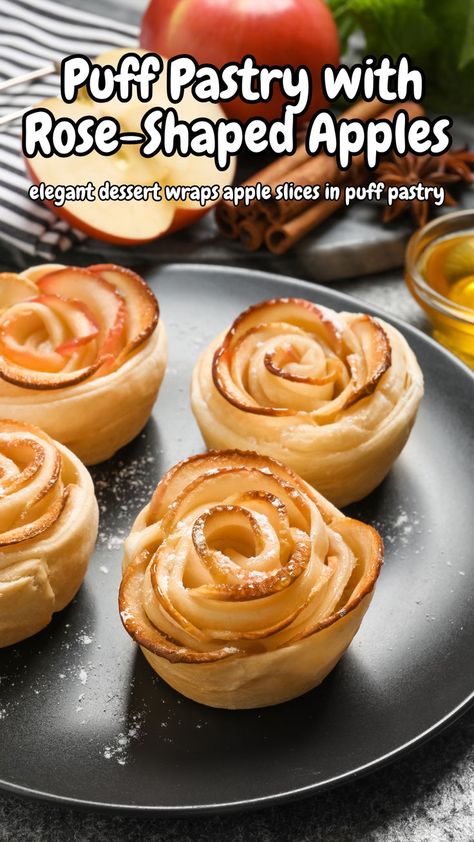 Enjoy a delightful puff pastry with rose-shaped apples, an elegant apple dessert perfect for impressing guests. This easy-to-make apple flower dessert is a beautiful addition to any gathering. Discover the delicious rose apple tart recipe today! Dessert With Puff Pastry, Rose Apple Tart, Puff Pastry Apple Roses, Apple Roses Puff Pastry, Rose Tart, Apple Rose Tart, Puff Pastry Apple, Apple Tarts, Apple Tart Recipe