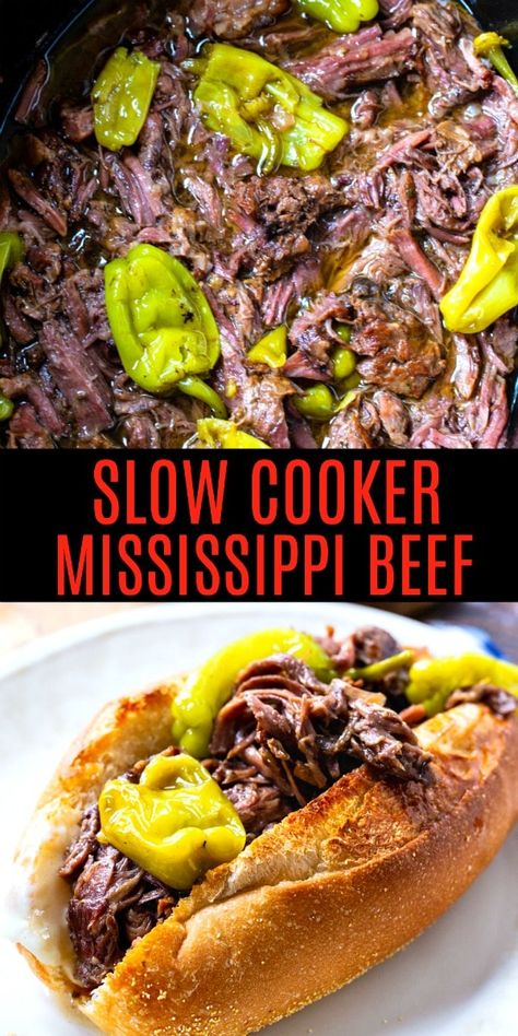 Slow Cooker Mississippi Beef with lots of pepperoncini peppers. Chirothin Diet, Mississippi Beef, Roast With Pepperoncini, Mississippi Roast Recipe, Crockpot Steak, Sunday Lunches, Mississippi Roast, Pepperoncini Peppers, Mississippi Pot Roast