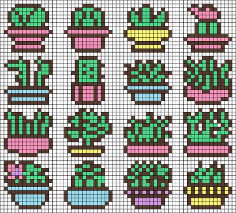 Perler Plants, Tall Aesthetic, Threaded Bracelets, Perler Templates, Crochet Feather, Nerd Crafts, Plants Pots, Tiny Cross Stitch, Easy Pixel Art