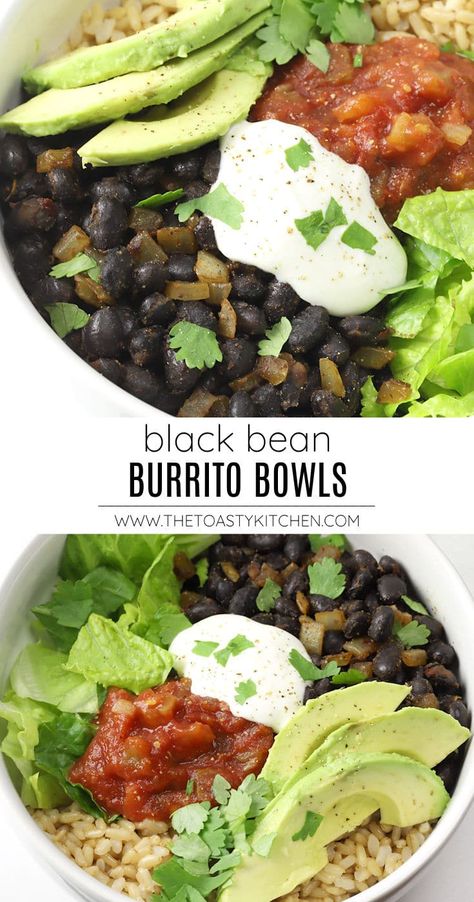 Black bean burrito bowls recipe by The Toasty Kitchen. Black bean burrito bowls are easy to make at home and enjoy all week long. Seasoned black beans and rice are topped with your favorite toppings like salsa, sliced avocado, and cilantro. #burritobowls #blackbeanburritobowls #blackbeans #vegetarian #homemade #dinnerideas #makeahead #mealprep #recipe Bean Meals, Mealprep Recipe, Seasoned Black Beans, Black Bean Burrito, Bean Burrito, Avocado Bowl, Sliced Avocado, Burrito Bowls Recipe, Black Beans And Rice