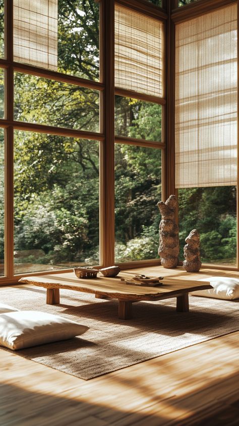 Zen-inspired living room with bamboo accents, large windows, Japanese sculptures, and natural materials for a tranquil Zen Style Living Room, Earthy Living Room Ideas, Reading Picture, Zen Living Room, Rustic Comforter, Zen Living, Earthy Living Room, Zen Den, Minimalist Inspiration