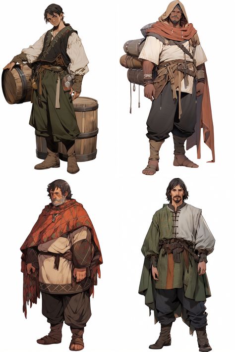 Medieval Traveler Clothes, Mountain Man Character Design, Beggar Character Design, Bard Inspired Outfit, Medieval Medic, Nomad Concept Art, Villager Character Design, Traveling Merchant Character Design, Poor Character Design