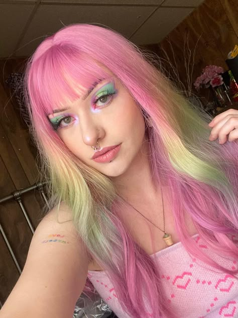 Pink Hair Rainbow Highlights, Pink To Green Hair, Pink And Rainbow Hair, Pink Green Hair, Hair Dye Patterns, Pink And Blue Hair, Pink And Green Hair, Pastel Pixie Hair, Blue And Pink Hair