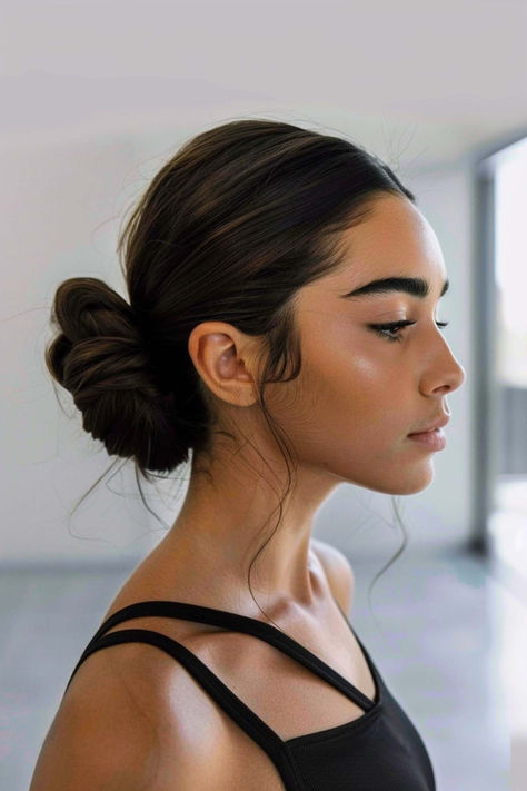 Gym-ready low bun for active lifestyles. Active Updos, Exercise Hairstyles For Long Hair, Cute Workout Hairstyles For Short Hair, Gym Hairstyles For Long Hair Workouts, Quick Gym Hairstyles, Sporty Updos, Gym Updos, Cute Gym Hairstyles, Easy Gym Hairstyles