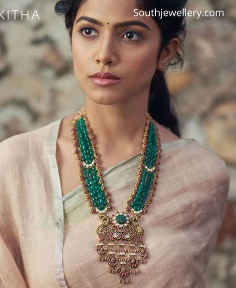 Pearls And Emeralds Mala, Poosala Haram, Beads Long Necklace, 22 Carat Gold Jewellery, Long Haram, Kundan Jewellery Set, Choker Necklace Designs, Antique Gold Jewelry Indian, Fancy Jewelry Necklace