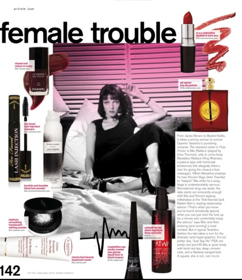 Nylon Magazine Private Icon - Uma Thurman as Mia Wallace in Pulp Fiction Pulp Fiction Magazine, 2000s Magazines, Magazine Design Cover, Mac Cosmetics Lipstick, Parfum Chanel, Cover Magazine, Nylon Magazine, Magazine Spreads, Magazine Collage