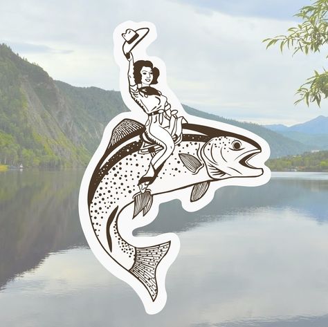 Yeehaw!  Welcome to the Fly Fishing Rodeo.  This is my original illustration of a cowgirl riding a rainbow trout.  This sticker is a perfect gift for all women anglers, fly fisherman, rodeo lovers and beyond!  This Rainbow Trout Cowgirl sticker is printed on durable, high opacity adhesive vinyl which makes her perfect for any indoor use. She will look amazing on any reusable water bottle, laptop, phone case, notebook etc. She can also join your fishing adventures on your Fly Rod Tube, Fly Box, Y Rodeo Stickers, Bee Keeper, Fly Fisherman, Marine Biologist, Fishing Adventure, Rainbow Trout, Park Ranger, Cow Girl, Flash Art