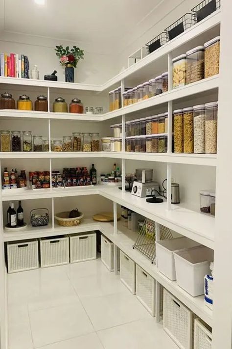 20 Walk-In Pantry Ideas For Stylish Kitchen Storage Pantry Room Ideas Walk In Storage, Walk In Pantry Cupboard Ideas, Pantry Shelving Spacing Measurements, Walk In Food Pantry Ideas, Walk In Pantry With Deep Freezer, 5x5 Walk In Pantry Layout, Narrow Deep Pantry, Walk In Pantry Size, Walkin Pantry Organization Ideas