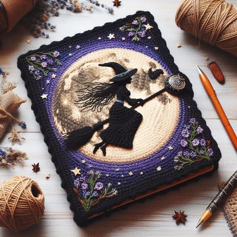 Discover "Crochet Notebook Cover Flying Witch" a charming crochet piece depicting a mystical nighttime scene with stunning detail. Spooky Crochet Squares, Crochet Halloween Squares, Witchy Crochet Blanket, Vintage Halloween Crochet, Pagan Crochet Patterns Free, Crochet Witchy Stuff Free Pattern, Book Cover Crochet Free Pattern, Witchy Crochet Ideas, Goth Amigurumi