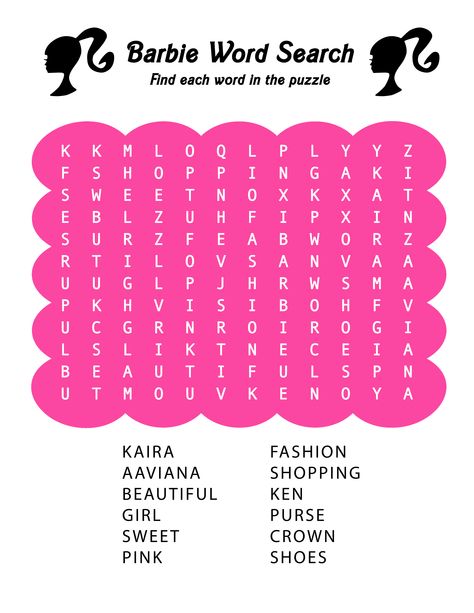 Personalized Activity Sheets!!! Barbie And Ken Party Games, Barbie Activity Pages, Barbie Word Search, Barbie Theme Activities, Barbie Games For Party, Barbie Activity Sheet, Barbie Theme Games, Barbie Party Games Kids, Barbie Birthday Activities