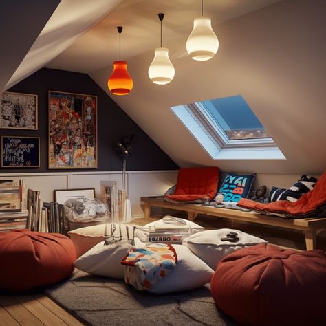 Aesthetic Attic Bedroom, Attic Living Room Ideas, Bedroom Ideas Attic, Attic Bedroom Ideas Aesthetic, Room Ideas Teen, Low Ceiling Attic Bedroom, Small Attic Spaces, Small Attic Room Ideas, Attic Game Room