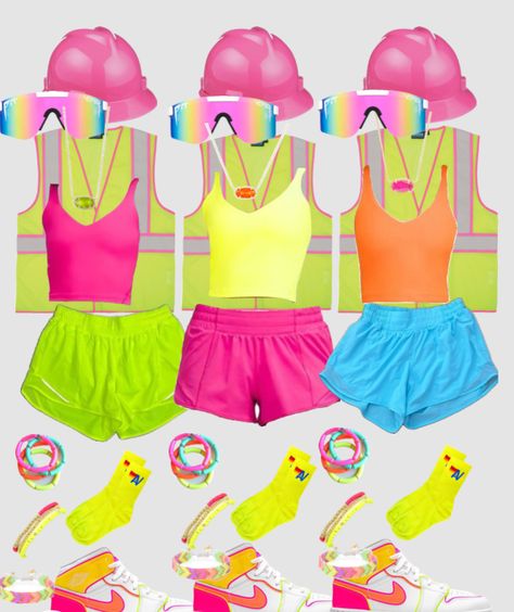 Cute Glow In The Dark Outfits, Neon Construction Worker Costume, Neon Halloween Costume, Neon Birthday Party Ideas, Glow Party Outfit, Neon Costume, Neon Party Outfits, Room Decor Makeup