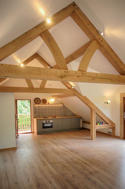 Barn Loft Apartment, Garage With Room Above, Room Kitchenette, Barn Conversion Interiors, Barn Remodel, Garage Plans With Loft, Oak Framed Buildings, Garage Guest House, Barn Apartment