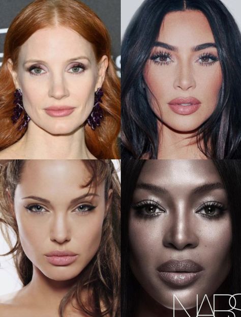 headshots of jessica chastain, kim kardashian, angelina jolie, and naomi campbell, all who have Ethereal and Dramatic style essences Romantic Ethereal Dramatic, Ethereal Dramatic Natural, Romantic Ethereal Essence, Sn Kibbe, Ethereal Dramatic, Dramatic Ethereal, High School Reunions, Dramatic Gamine, Pretty Features