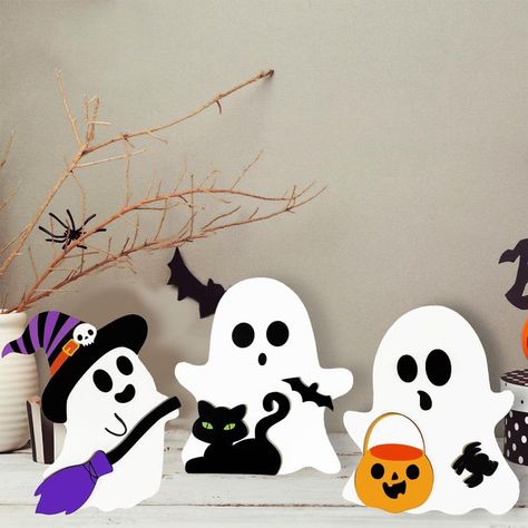 Cute Ghost Halloween Decorations Wood Indoor Set of 3, Spooky Wooden Tiered Tray Decor Blocks Plank Signs for Indoor Party Home Windowsill Table Mantel Shelf Centerpieces Display Halloween Decorations Wood, Windowsill Table, Ghost Halloween Decorations, Wooden Tiered Tray, Indoor Party, Halloween Ghost Decorations, Ghost Signs, Ghost Decoration, Mantel Shelf