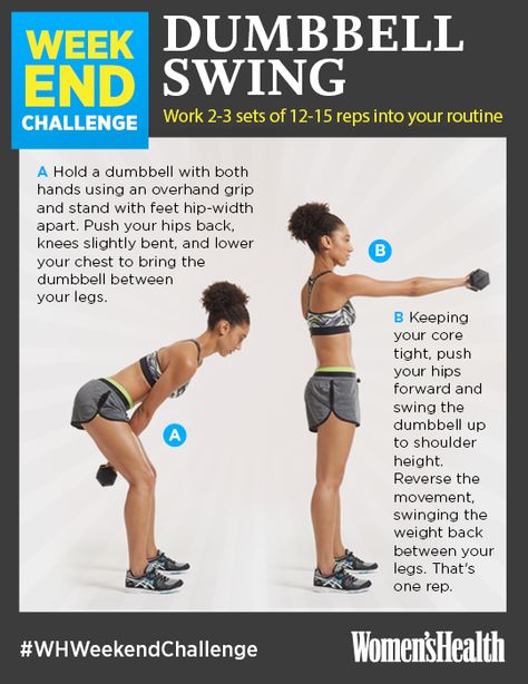 Dumbbell Swing: Tone your lower half better than ever! The swinging motion activates your glutes, hamstrings, and quads all at once for a killer lower-body exercise. Kettlebell Benefits, Kettlebell Cardio, Dumbbell Exercises, Dumbell Workout, Womens Health Magazine, Kettlebell Workout, Health Magazine, Dumbbell Workout, Lower Body Workout