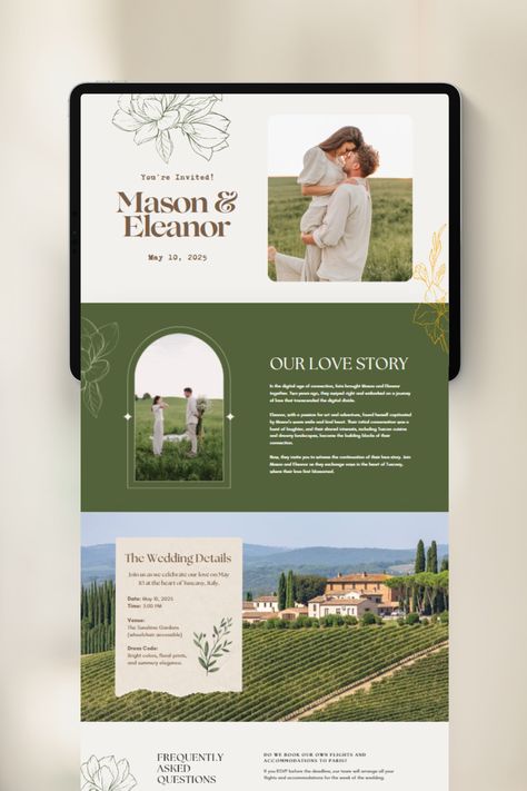 Create stunning garden wedding invitations with this editable website template on Canva. The simple and aesthetic design will impress your guests and set the tone for your special day. Personalize it to match your wedding theme effortlessly. Invitation Website, Wedding Invitation Website, Garden Wedding Invitation, Website Canva, Wedding Website Template, Wedding Website Design, Garden Wedding Invitations, Wedding Magazine, Wedding Templates