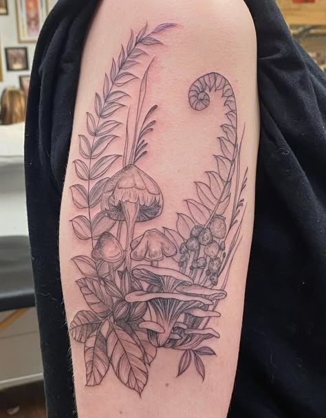 Mushrooms And Ferns Tattoo, Moth Tattoo On Ankle, Plant And Mushroom Tattoo, Forest Floral Tattoo, Mushroom And Leaves Tattoo, Forest Mushroom Tattoo, Forest Hip Tattoo, Forest Plants Tattoo, Large Nature Tattoo