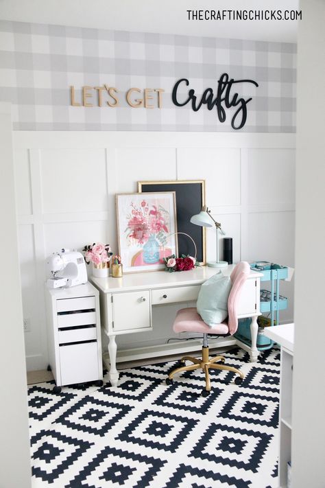 Craft Room Ideas Design Farmhouse, Craft Room Theme Ideas, Yellow Craft Room Ideas, Craft Room Wall Color Ideas, Craft Room Sign Ideas, Craft Room Paint Ideas, Pink And White Craft Room, Craft Room Artwork Wall Decor, Craft Room Wallpaper