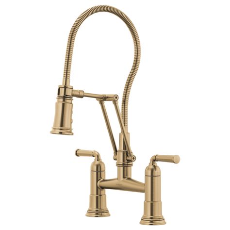 Rook® | Articulating Bridge Faucet with Finished Hose Gold Faucet Kitchen, 20th Century Aesthetic, Bridge Kitchen Faucet, Bridge Faucet, Gold Faucet, Brass Kitchen Faucet, Brass Kitchen, Faucet Handles, Kitchen Sink Faucets