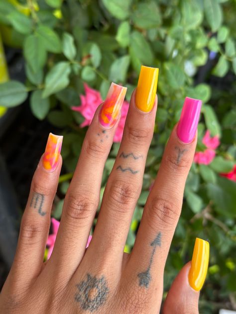 Medium Length Square Shaped Pink and Yellow Nails with Marble Design Pink And Yellow Marble Nails, Pink And Yellow Square Nails, Pink N Yellow Nails, Medium Marble Nails, Pink Yellow Nail Designs, Pink Yellow And Orange Nails, Pink Orange And Yellow Nails, Pink And Yellow Nail Designs, Yellow Marble Nails