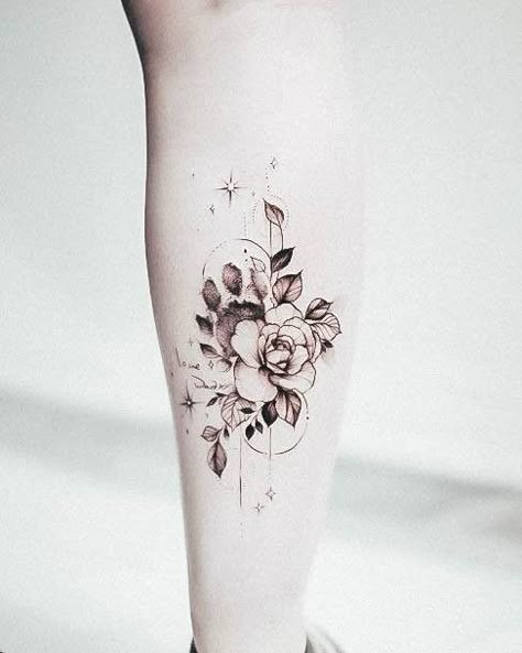 Floral Paw Print, Pet Tattoo Ideas, Dog Pawprint Tattoo, Flower Leg Tattoos, Memorial Tattoo Designs, Pet Tattoos, Feminist Tattoo, Dog Print Tattoo, Line Tattoo Ideas