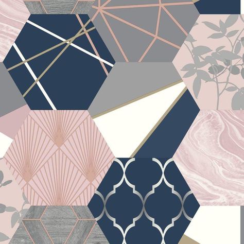 Rasch Wallpaper, Grey And Gold Wallpaper, Pink Geometric Wallpaper, Tapete Gold, Hexagon Wallpaper, Hexagon Patchwork, Pink Living Room, Gold Color Scheme, Navy Wallpaper